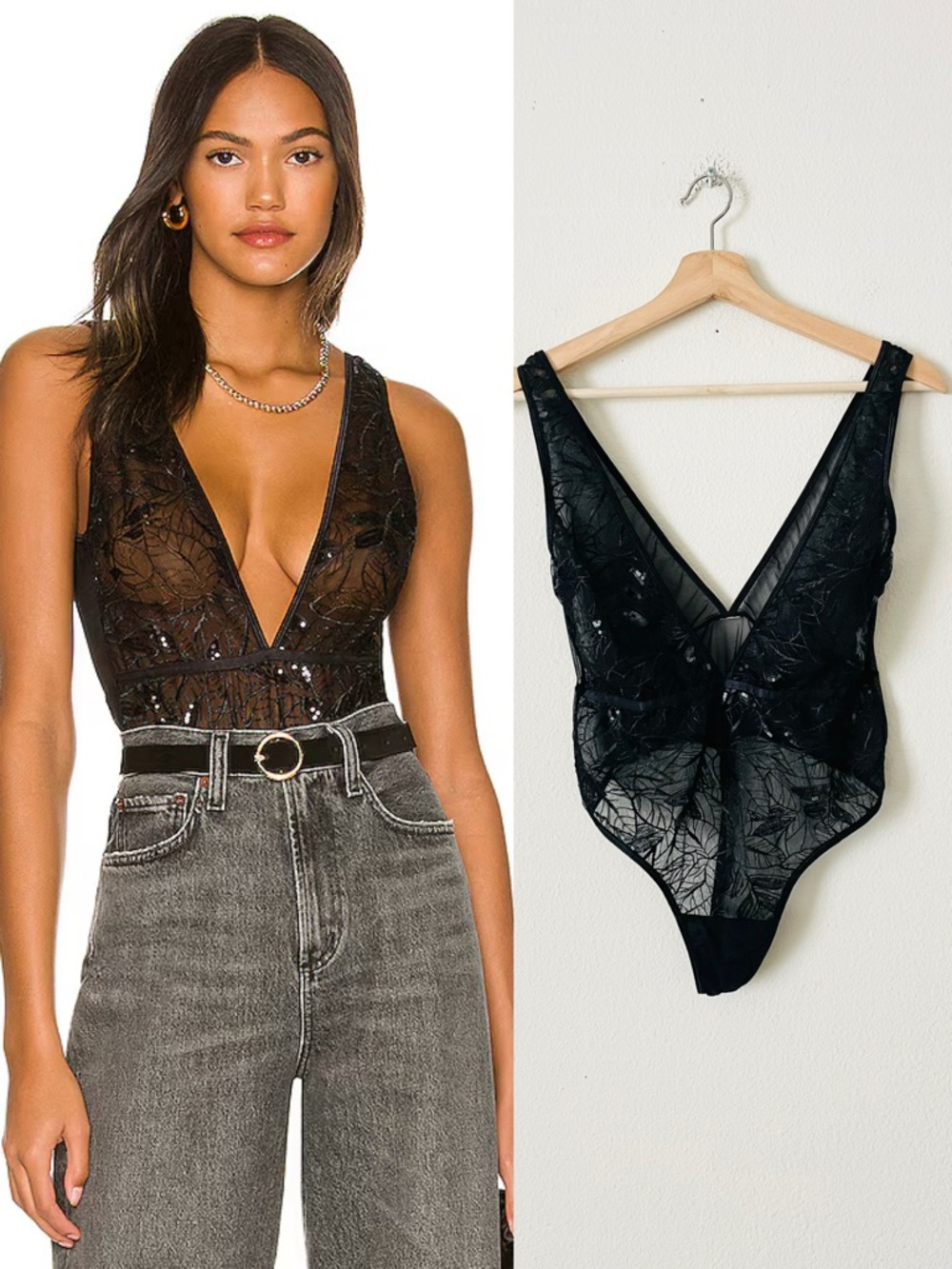 Bluebella MEDIUM black floral embroidered & sequin plunge bodysuit